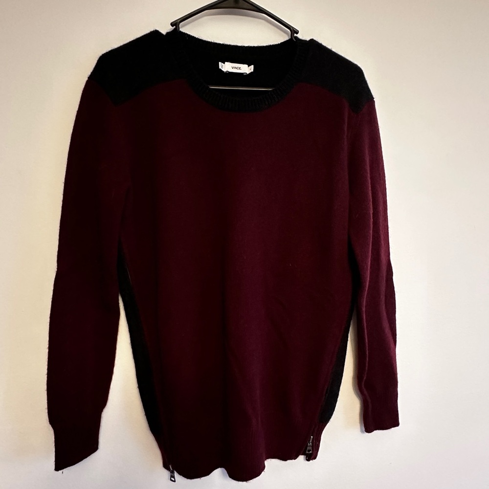 Vince Maroon Colorblock Wool Cashmere Zip‎ Sweater small